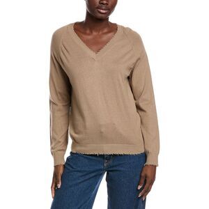 Minnie Rose Womens Frayed Cashmere-Blend Sweater, Green